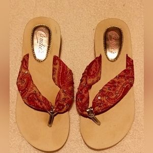 Candie's Paisley Bandana Bead Wedge Flip Flops Women's Size Small 5-6
